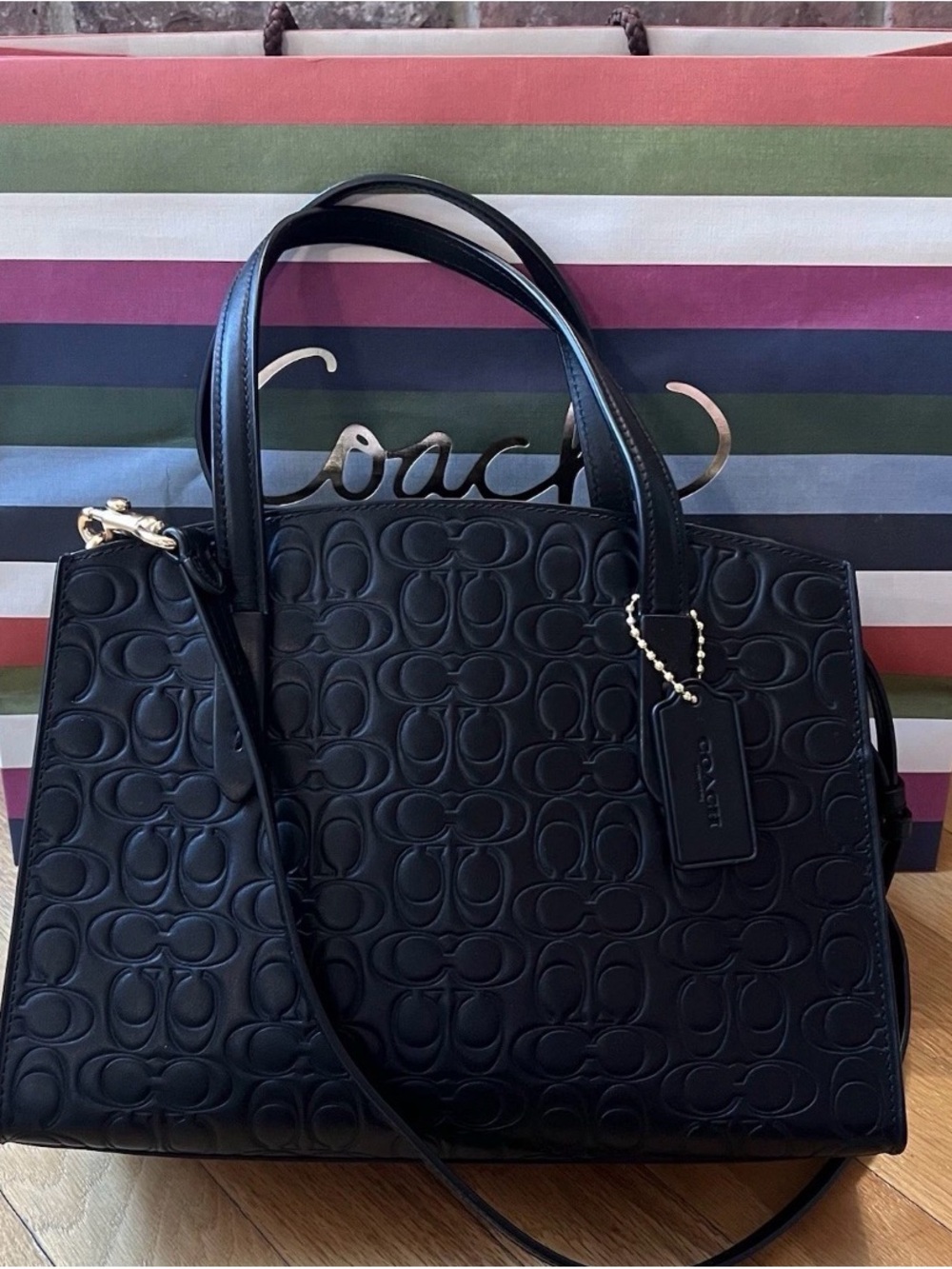 Coach Charlie Carryall 28 Signature Embossed Black Leather Handbag/Crossbody - Picture 2 of 14